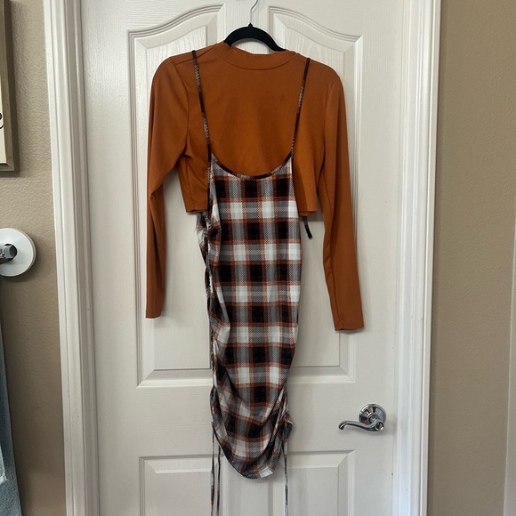 Almost Famous Rust Top with Plaid Slip Dress - Picture 1 of 3
